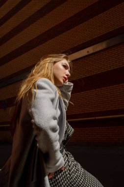 Gri ceketli şık genç güzel kız kameraya bakar ve şehrin arka planına karşı hafifçe gülümser.