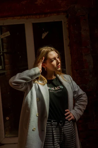 Menina bonita nova elegante em um casaco cinza olha para a câmera e sorri ligeiramente contra o fundo da cidade . — Fotografia de Stock