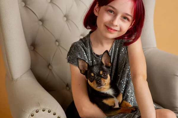 Nastolatka dziewczyna z jej ulubionym psem to Chihuahua siedzi na kanapie — Zdjęcie stockowe