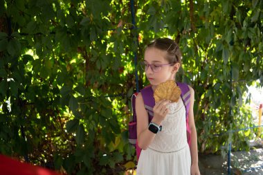 Menekşe sırt çantası ve mor gözlüklü liseli kız. Sonbaharda gözlük takan beyaz elbiseli bir kız..