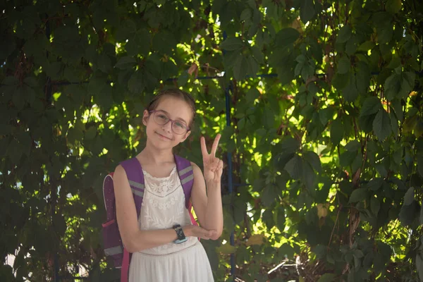Iskoláslány lila hátizsákkal és lila szemüveggel. Fehér ruhás lány, ősszel szemüvegben.. — Stock Fotó