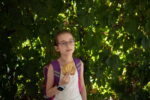 Écolière avec un sac à dos violet et des lunettes violettes. Fille en robe blanche, portant des lunettes en automne . — Photo