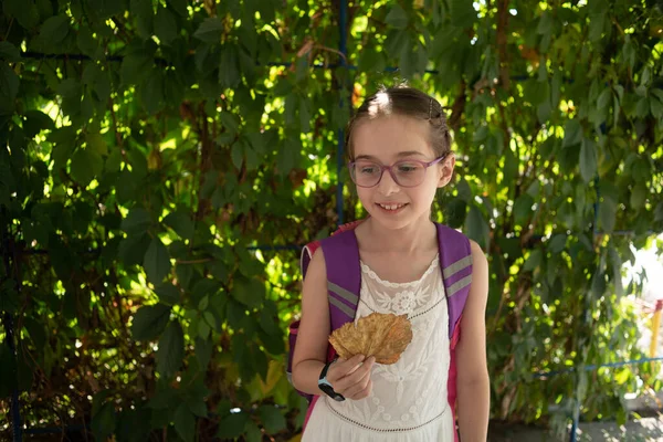 Colegiala con mochila violeta y gafas moradas. Chica en un vestido blanco, con gafas en otoño . — Foto de Stock