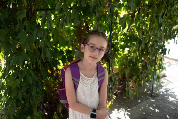 Colegiala con mochila violeta y gafas moradas. Chica en un vestido blanco, con gafas en otoño . — Foto de Stock