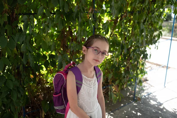 Colegiala con mochila violeta y gafas moradas. Chica en un vestido blanco, con gafas en otoño . — Foto de Stock