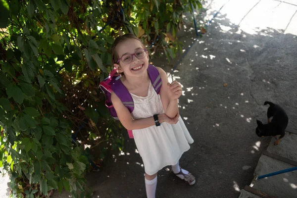 Colegiala con mochila violeta y gafas moradas. Chica en un vestido blanco, con gafas en otoño . — Foto de Stock