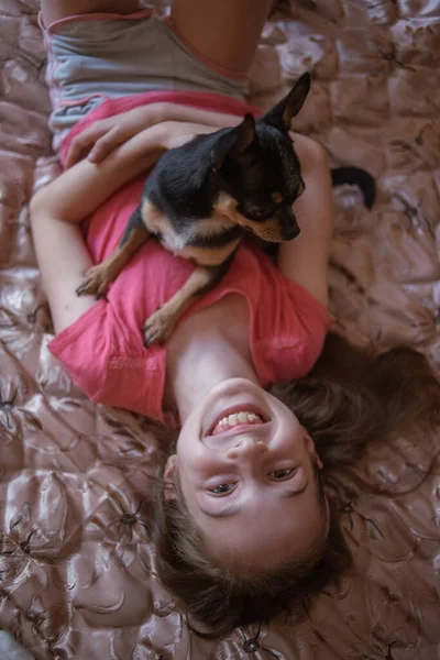 Enfant fille joue avec petit chien chihuahua poilu noir doggy — Photo