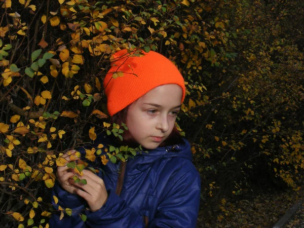 Retrato de cerca de una hermosa niña de nueve años en el parque de otoño — Foto de Stock