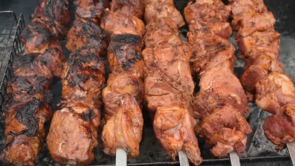 그릴에 부으는 Shashlik 지역에서 케밥의 형태이다 크레이 고기를 의미하는 양고기로 — 비디오