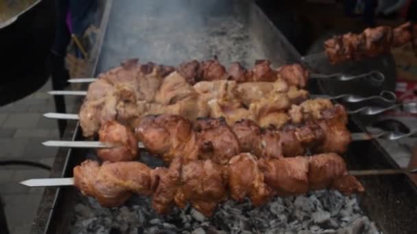 Grilling Marinated Shashlik Grill Shashlik Form Shish Kebab Popular Eastern — Stock Video