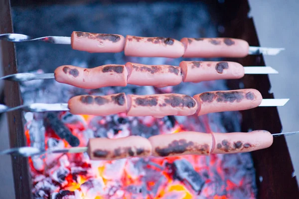 Egy grill kolbász. a háttérben a máglya. — Stock Fotó