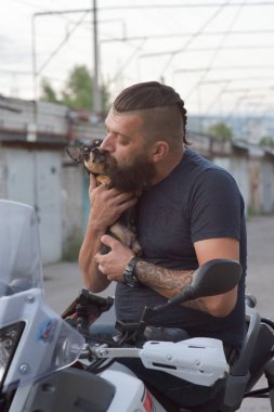 Küçük bir köpek insan eliyle pençesine dokunuyor. Erkek bir motorcunun kollarında Chihuahua köpeği. Köpeğiyle motosikletin yanında duran bir adam.