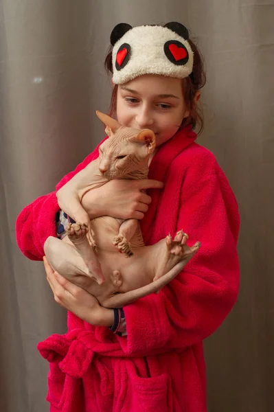 Imagen de la adorable joven mujer caucásica abrazando a su linda mascota de raza alta. Esfinge gato sin piel ronroneando en brazos —  Fotos de Stock