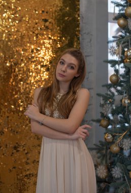 Parlak bir gece elbisesi giyen kız. Noel arifesi. Kürk ağacında rahat bir tatil Işıklar ve altın dekorla