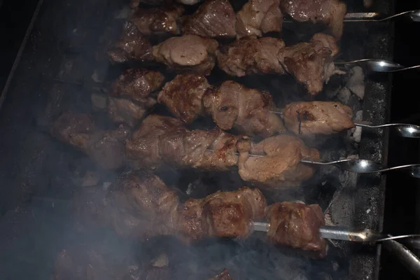Primo piano di grigliata piatto saporito su barbecue. Processo di cottura shashlik gustoso in natura. Cibo delizioso — Foto Stock