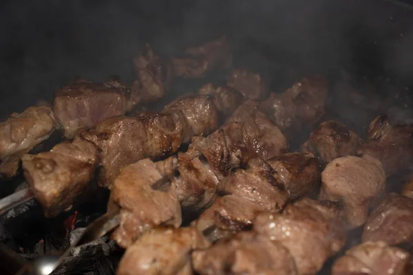 烤肉上烤美味的特写。 在自然界中烹调美味的沙士力克的过程。 好吃的食物 — 图库照片
