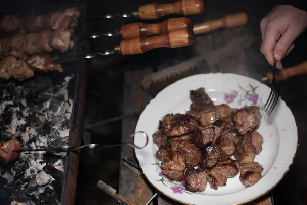 Close-up de grelhar prato saboroso no churrasco. Processo de cozinhar shashlik gostoso na natureza. Comida deliciosa — Fotografia de Stock