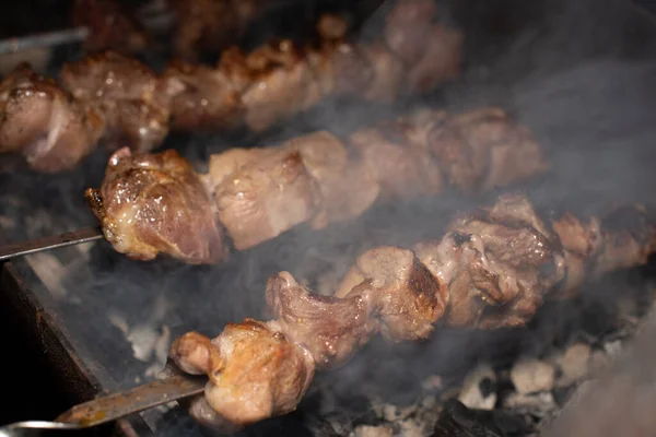 Primo piano di grigliata piatto saporito su barbecue. Processo di cottura shashlik gustoso in natura. Cibo delizioso — Foto Stock