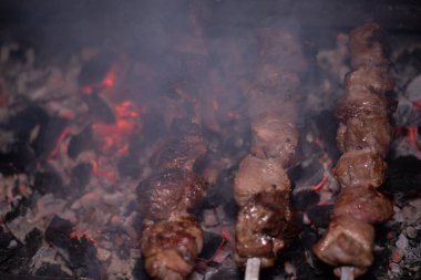 Barbeküde ızgara lezzetli yemeklere yakın çekim. Doğada lezzetli şiş kebap pişirme süreci. Lezzetli yemek.