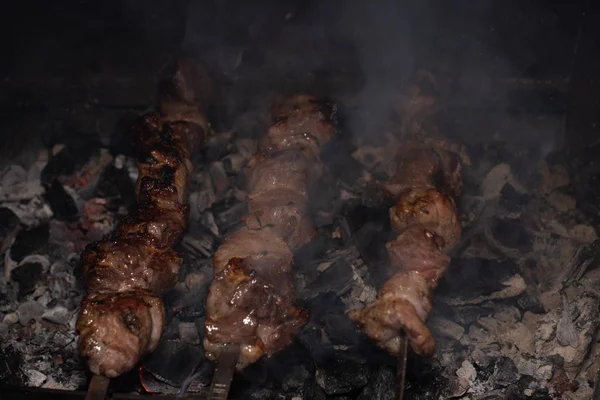 Primer plano de la parrilla sabroso plato en la barbacoa. Proceso de cocinar delicioso shashlik en la naturaleza. Deliciosa comida — Foto de Stock