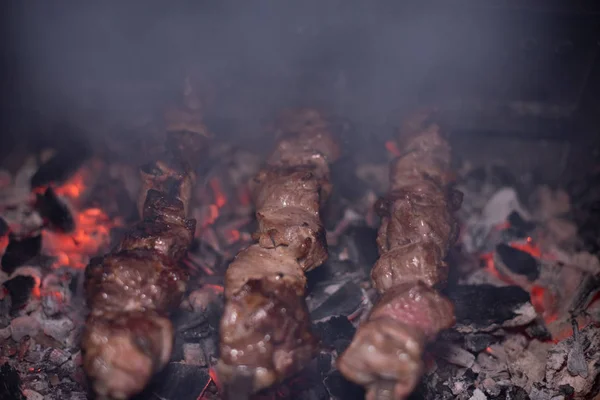 Close-up of grilling tasty dish on barbecue. Process of cooking yummy shashlik in nature. Delicious food — Stock Photo, Image