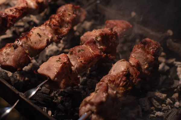 Primo piano di grigliata piatto saporito su barbecue. Processo di cottura shashlik gustoso in natura. Cibo delizioso — Foto Stock