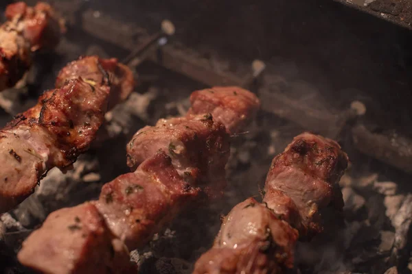 Primo piano di grigliata piatto saporito su barbecue. Processo di cottura shashlik gustoso in natura. Cibo delizioso — Foto Stock