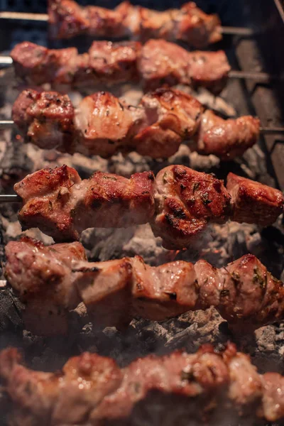 Primo piano di grigliata piatto saporito su barbecue. Processo di cottura shashlik gustoso in natura. Cibo delizioso — Foto Stock