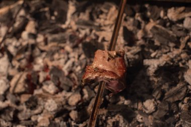 Barbeküde ızgara lezzetli yemeklere yakın çekim. Doğada lezzetli şiş kebap pişirme süreci. Lezzetli yemek.