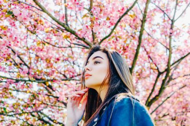 Pembe kiraz çiçekli bir kızla kadınlar günü. Sakura 'daki bir kızla kadınlar günü tatili. Kız ve Sakura..