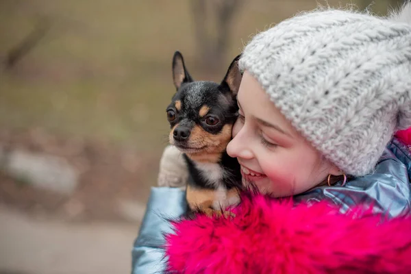 Ein kleiner Chihuahua liegt in den Armen seines Besitzers. Schulkind in Winterkleidung auf der Straße. Mädchen 9 Jahre alt. — Stockfoto