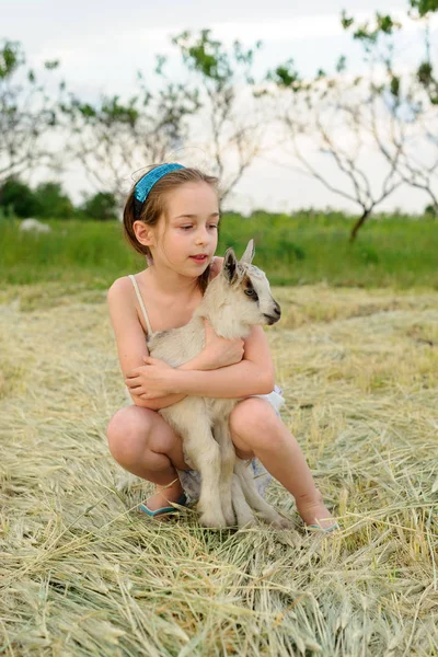 Çiftlikte keçi yavrusu olan bir kız. Köy hayvanları. Mutlu çocuk keçiye sarılır, doğanın ve insanın birliği kavramı.. — Stok fotoğraf