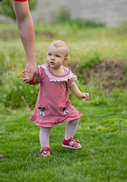 Klein kind 1 jaar oud meisje gaat. De vader loopt met het kind door het groene gras. Baby leert lopen — Stockfoto