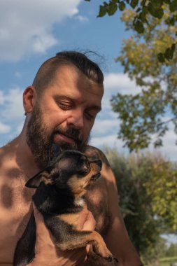 İnsan ve chihuahua. Sakallı bir adam küçük bir köpek cinsi olan Chihuahua 'ya sarılır. Chihuahua..