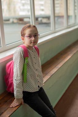 Sırtında okul çantası olan 9 yaşında bir kız. 9 yaşındaki bir kızın portresi. Okuldaki 4. sınıf öğrencisi pembe bir sırt çantasıyla. Okula geri döndüm. 9 yaşında beyaz bluzlu bir kız.