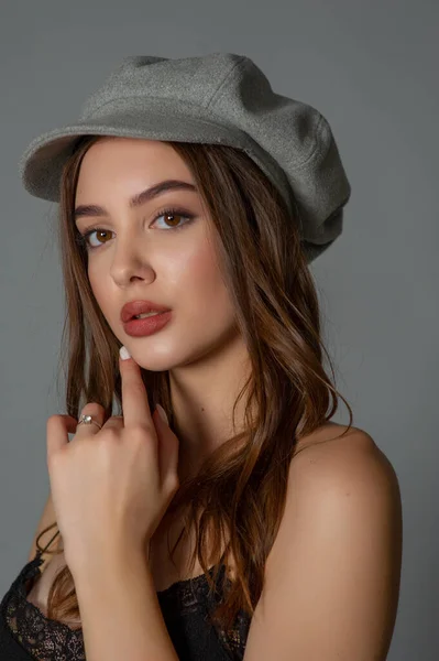 Glamorous Young Woman Wears Fashionable Dress Posing Fluttering Hair Grey — Stock Photo, Image