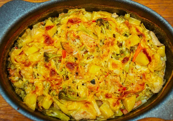 Fried piece of turkey meat with onions and spices. Pieces of turkey carrot onion. The process of cooking vegetable stew with turkey. Steamed vegetables with turkey broccoli onion carrot pepper tomato