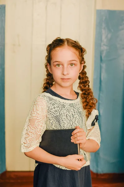 Porträt Eines Mädchens Schuluniform Mit Zwei Zöpfen Mit Büchern Das — Stockfoto