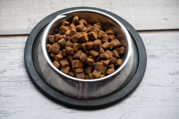 Animal food. Cat or dog food in a plate. Cat or dog food in a metal plate a plate on a wooden floor or window sill. Pet food for pets. Dry food for the health of dogs and cats.