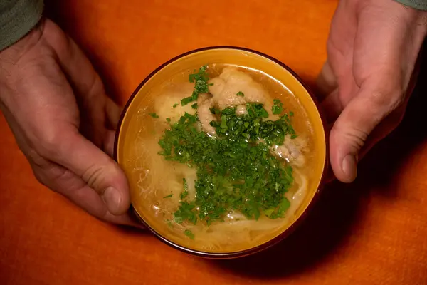 Chicken Noodle Soup. Chicken and noodle soup on an orange tablecloth in an orange plate. Food photography. Hot dish. Broth with noodles. Chicken, noodles.