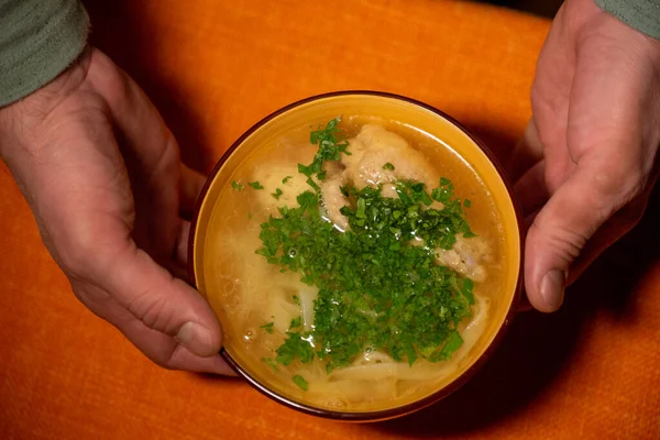 Chicken Noodle Soup. Chicken and noodle soup on an orange tablecloth in an orange plate. Food photography. Hot dish. Broth with noodles. Chicken, noodles.