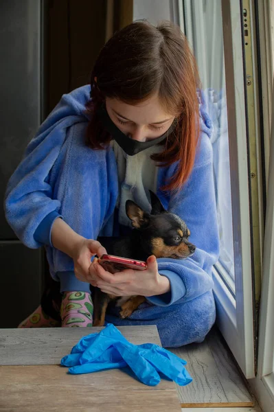 Menina Com Seu Chihuahua Fora Janela Porque Ela Não Pode — Fotografia de Stock