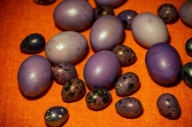 Renkli paskalya yumurtaları. Renkli yumurtalar mor. Turuncu masa örtüsü üzerinde mor yumurtalar. Mutlu Paskalyalar