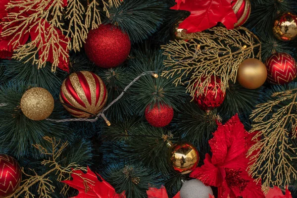 Weihnachtsbaum Weihnachtsbaum Hintergrund Schön Dekorierte Weihnachten Ferienkonzept Neujahr Rote Dekoration — Stockfoto