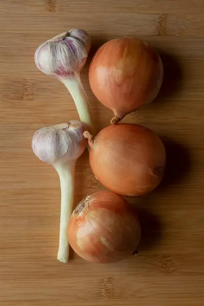 Onions Garlic Garlic Onion Wooden Background Healthy Foods — Stock Photo, Image