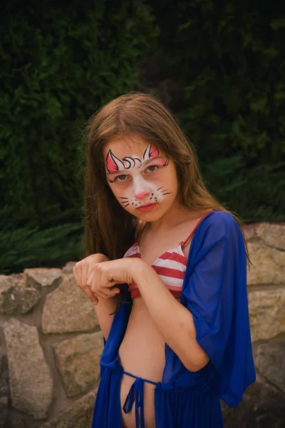 Criança Com Uma Cara Pintada Com Pinturas Coloridas Foto de Stock