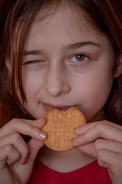 Portret Van Mooi Mooi Kind Meisje Bijt Koekjes Rode Achtergrond — Stockfoto