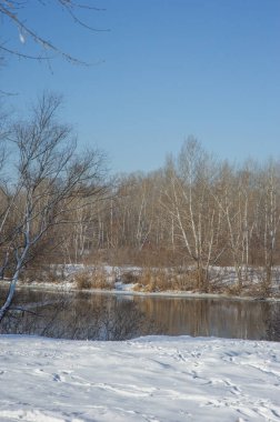 Karlı kış nehri. Nehir ve doğa karı.