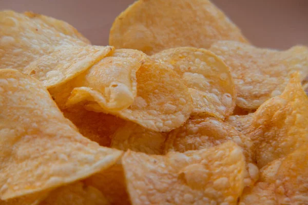 Closeup Bowl Potato Chips Potato Chips Plate Food Photography Chips — Stock Photo, Image