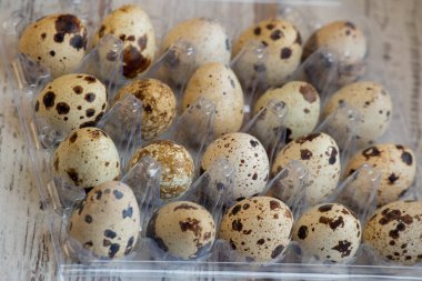 Tahtadaki bıldırcın yumurtaları. Bıldırcın yumurtası. Sağlıklı beslenme, yemek fotoğrafçılığı. Mutlu Paskalyalar. Organik ürünler. Çiğ bıldırcın yumurtası.